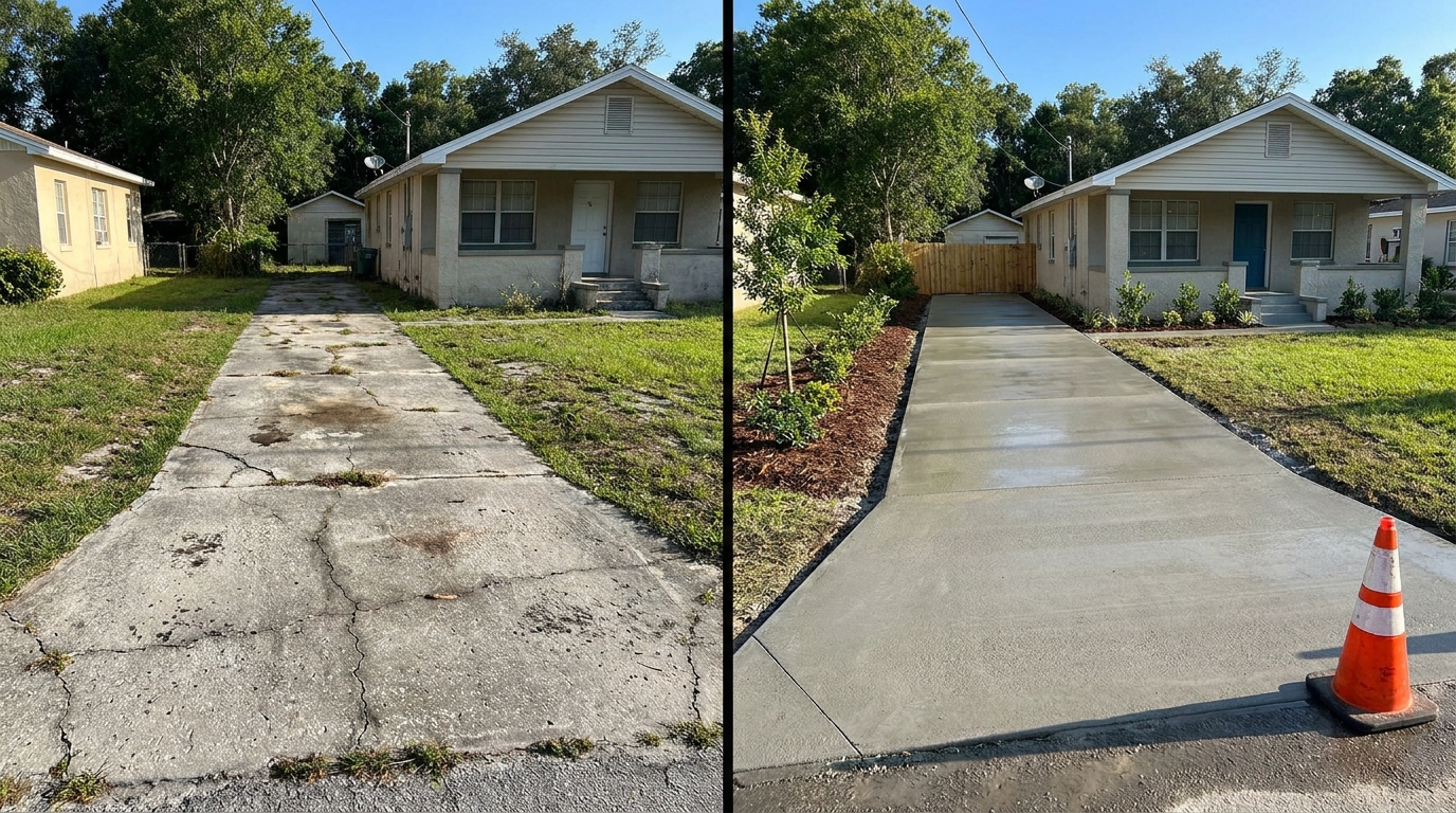 Before-and-after concrete driveway replacement in Polk County