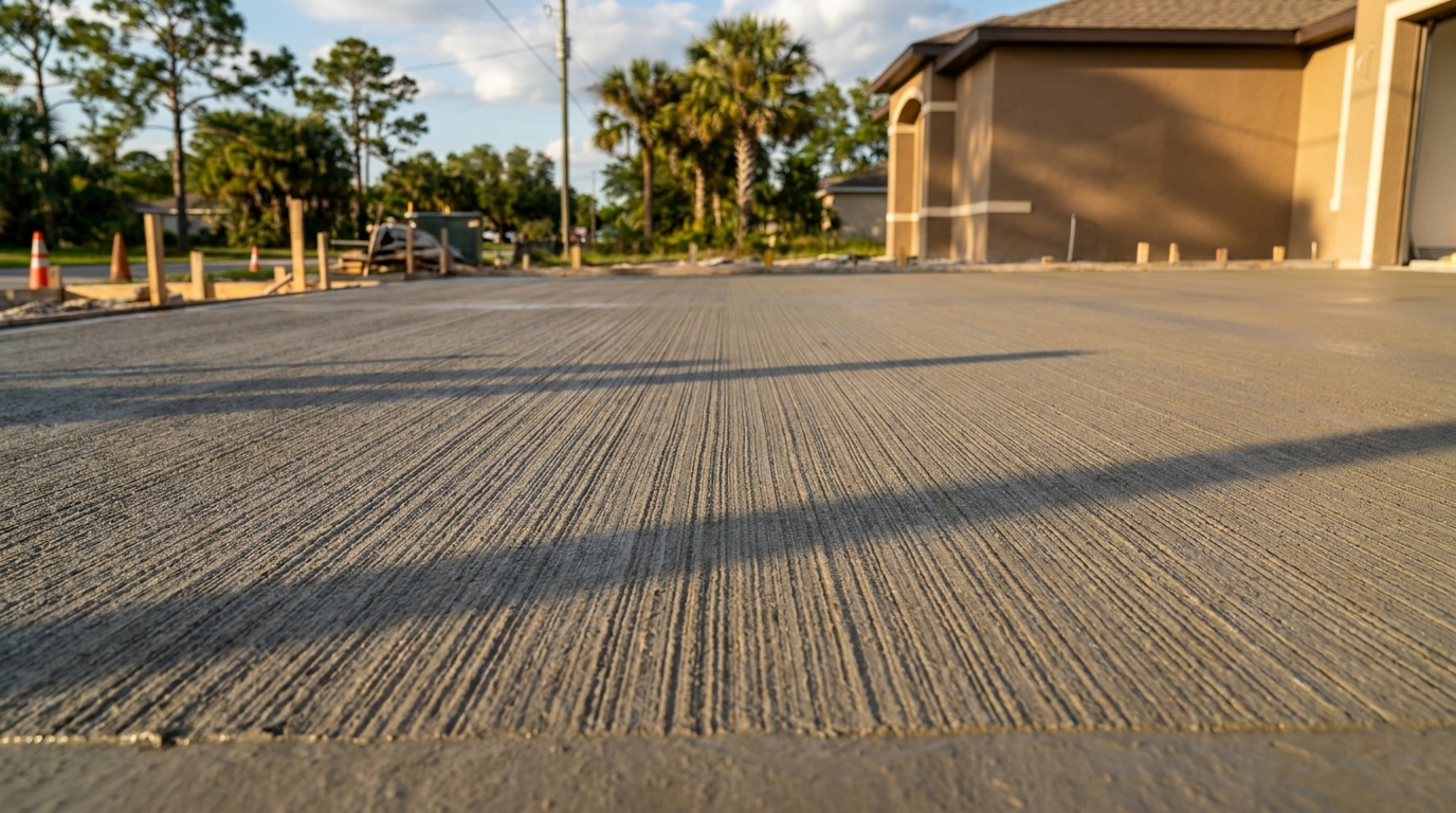 Close-up texture of a freshly broom-finished concrete driveway