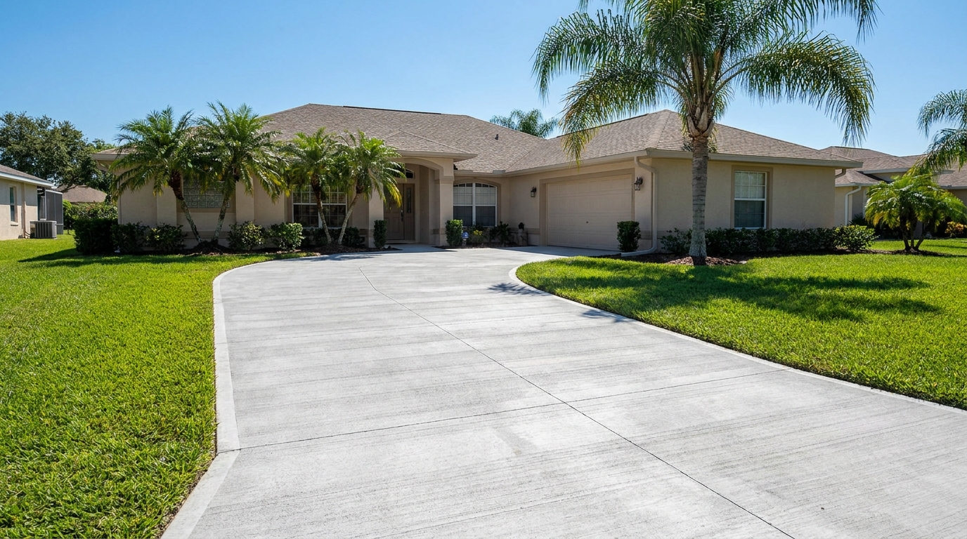 Completed broom-finish concrete driveway at a Winter Haven home