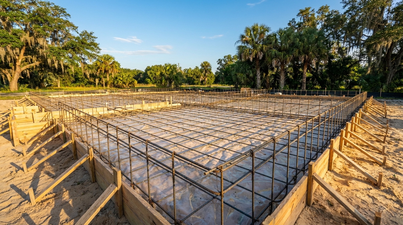 Monolithic slab foundation form-work and rebar in Winter Haven, FL