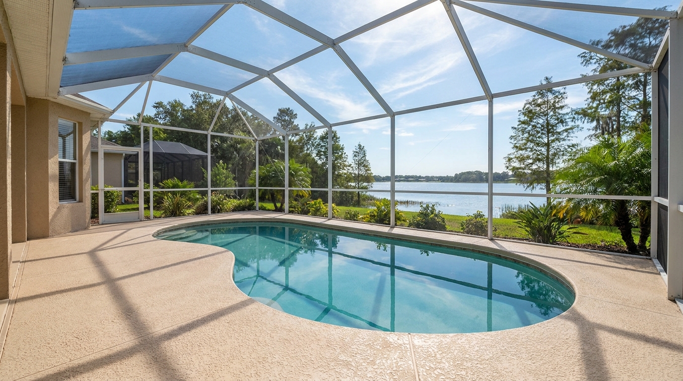 Slip-resistant concrete pool deck at a Polk County lakefront home