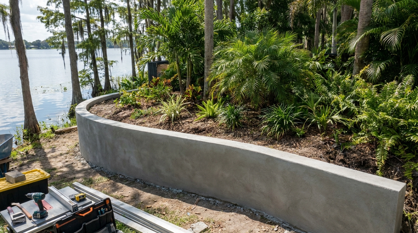 Lakefront poured concrete retaining wall in Polk County, Florida