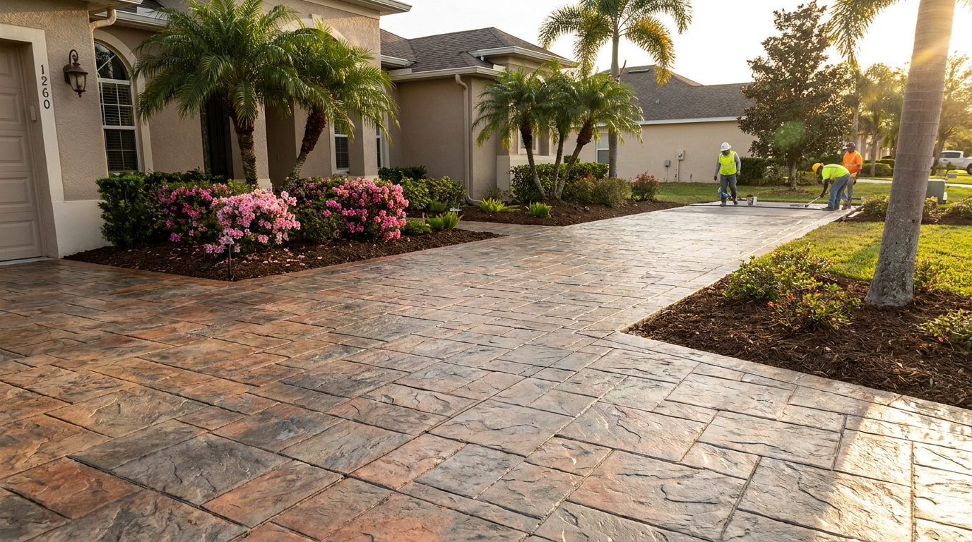 Decorative slate-pattern stamped concrete driveway in Winter Haven