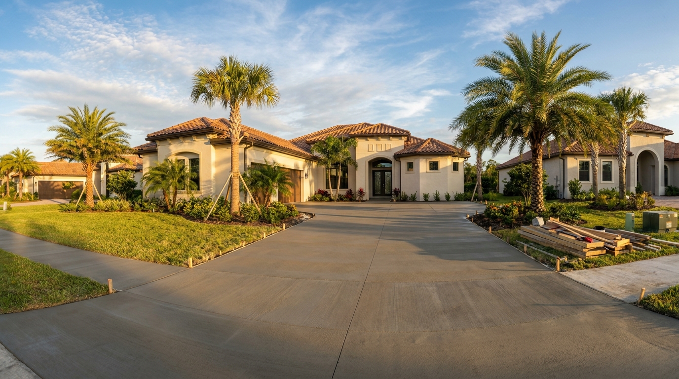 Winter Haven Concrete Co crew finishing a residential driveway pour in Polk County, Florida