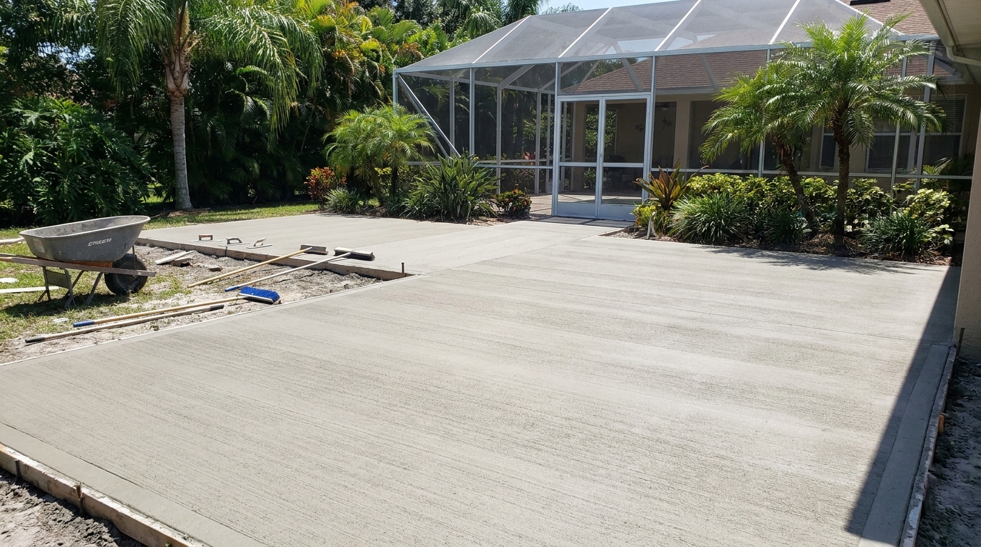 Broom-finish concrete backyard patio at a Polk County residential home