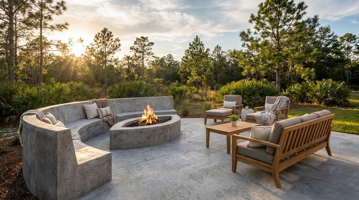 Concrete patio with built-in fire pit at a Winter Haven home
