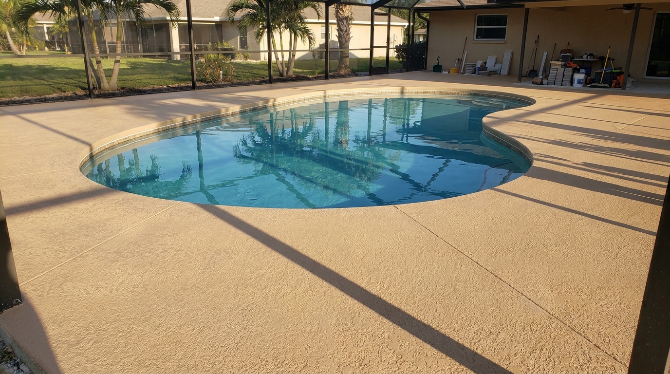 Resurfaced cool-deck pool deck around a kidney-shaped pool