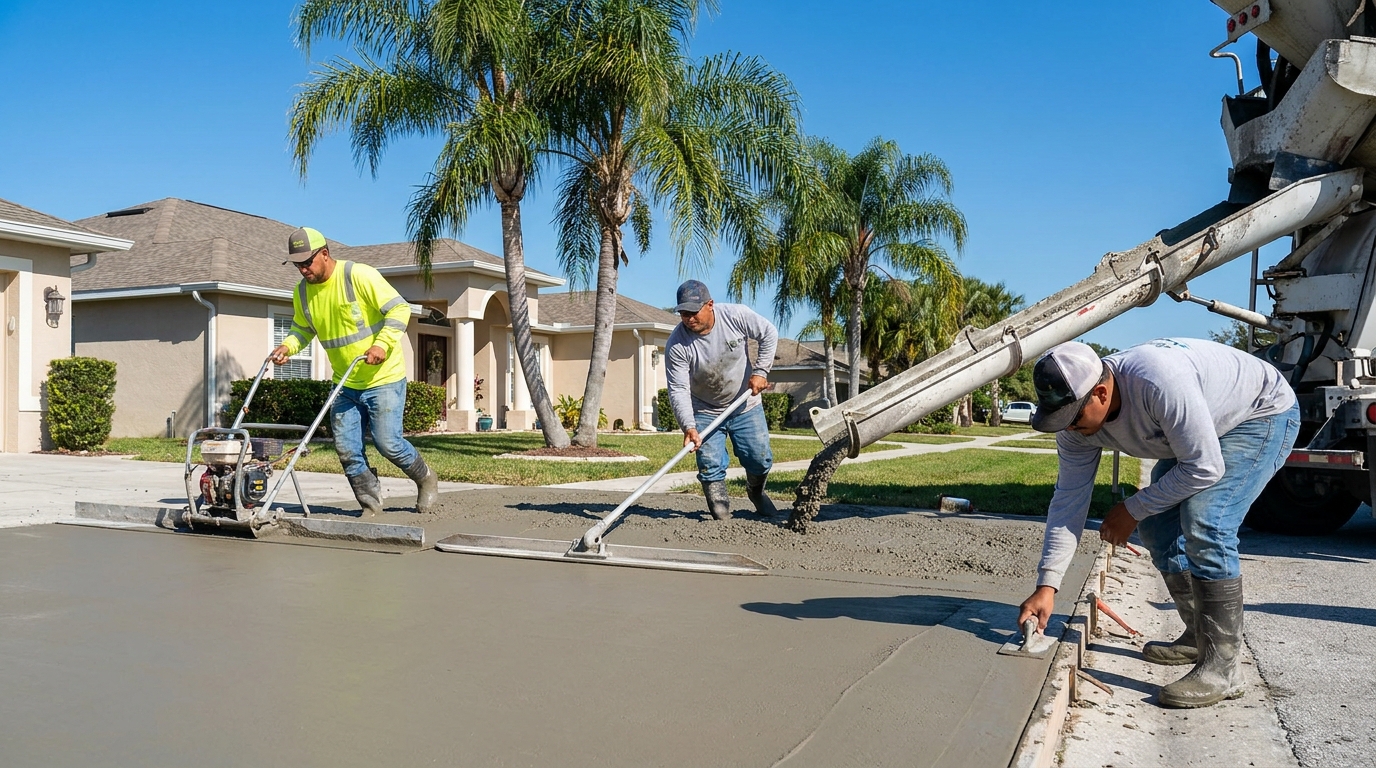 Three-person crew pouring residential concrete in Polk County