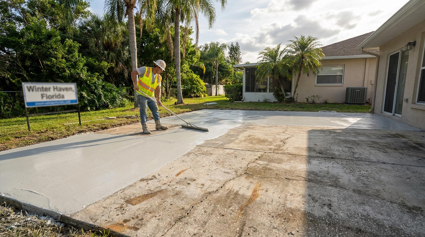 Worker applying concrete resurfacing overlay to an old slab