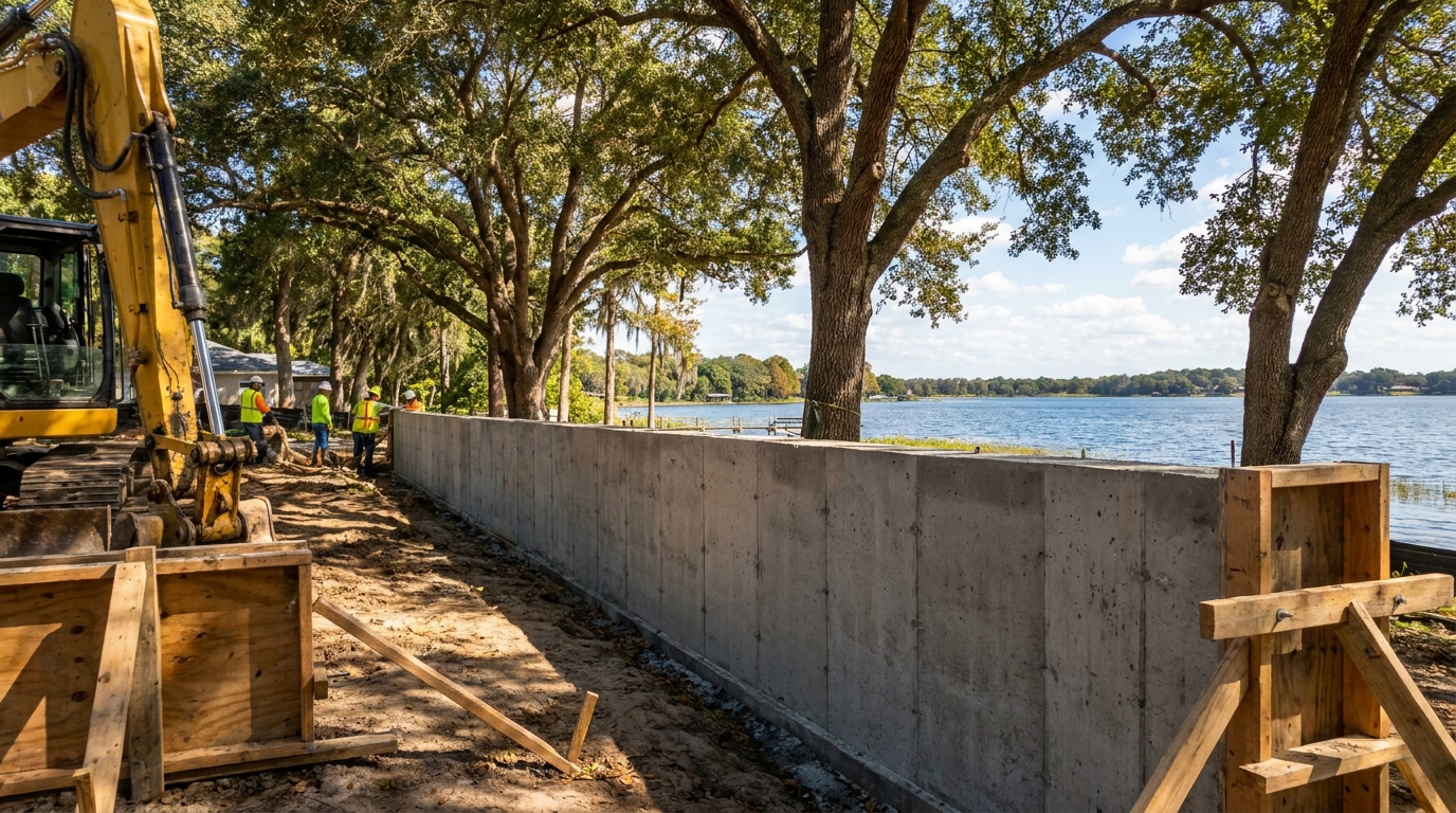 Three-foot concrete retaining wall along a Chain of Lakes lakefront