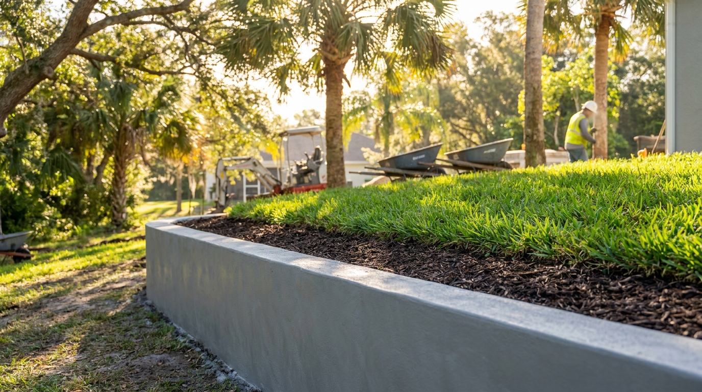 Low concrete retaining wall managing slope in a Winter Haven backyard