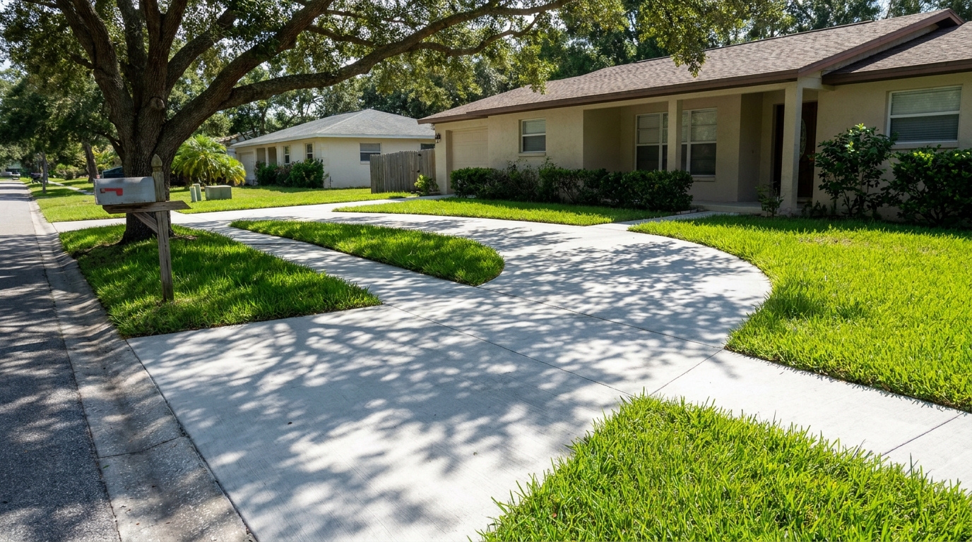 Freshly broom-finished residential concrete sidewalk in Winter Haven, FL