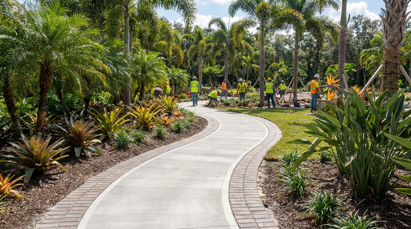 Decorative curved concrete walkway through a Florida garden