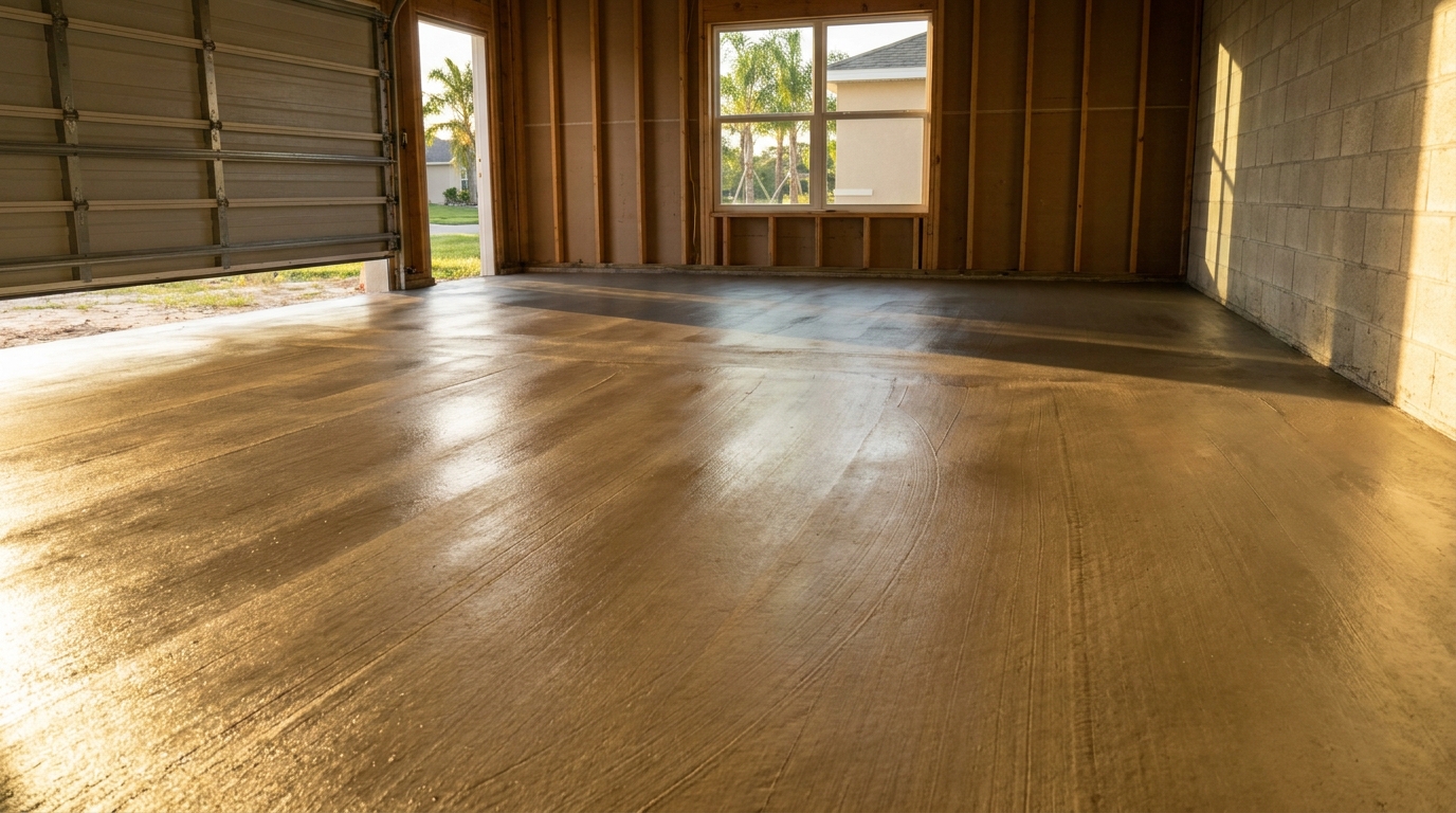 Fresh smooth concrete garage floor slab in a Winter Haven home