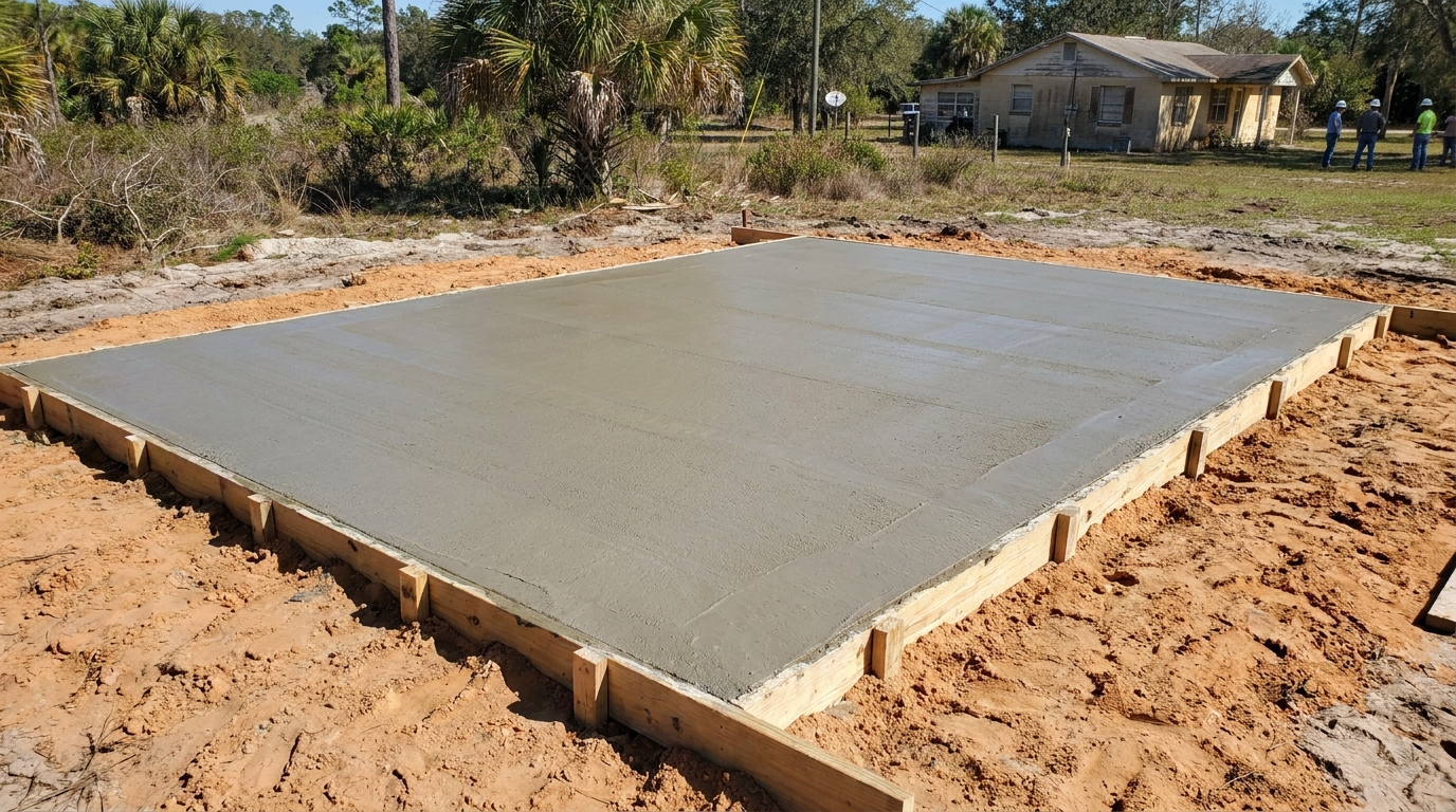 Freshly poured concrete shed slab pad at a Polk County property