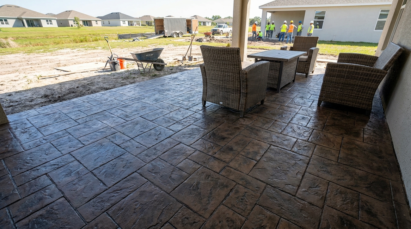 Decorative stamped concrete with ashlar slate pattern