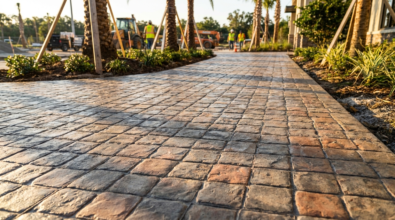 Decorative stamped concrete with cobblestone pattern