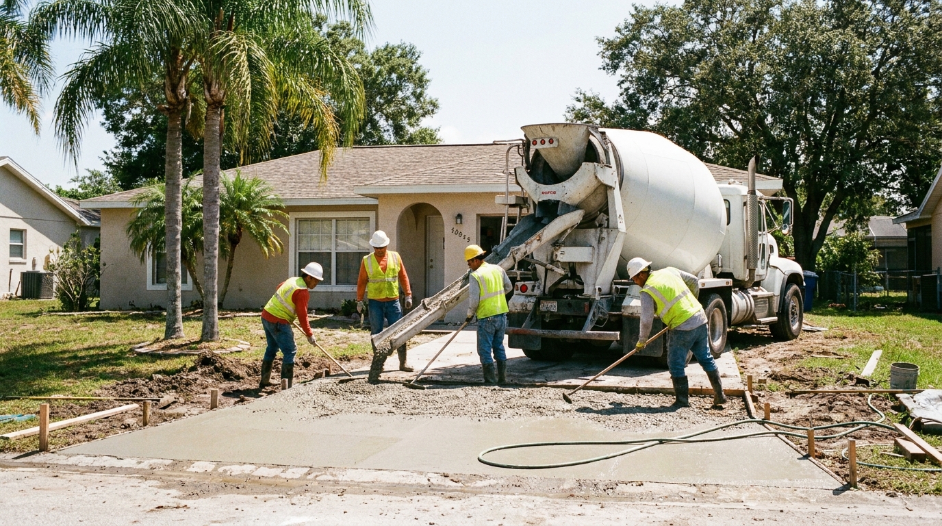 Ready-mix concrete truck on-site at a Polk County job