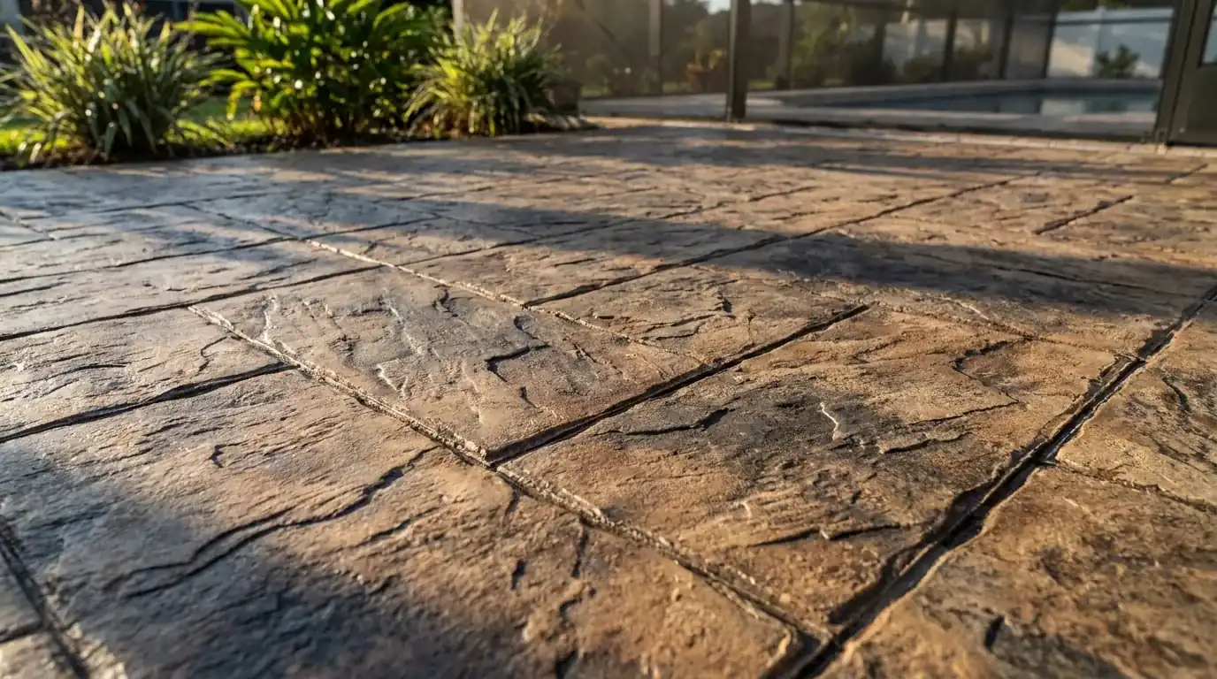 Close view of slate-pattern stamped concrete in warm earth tones