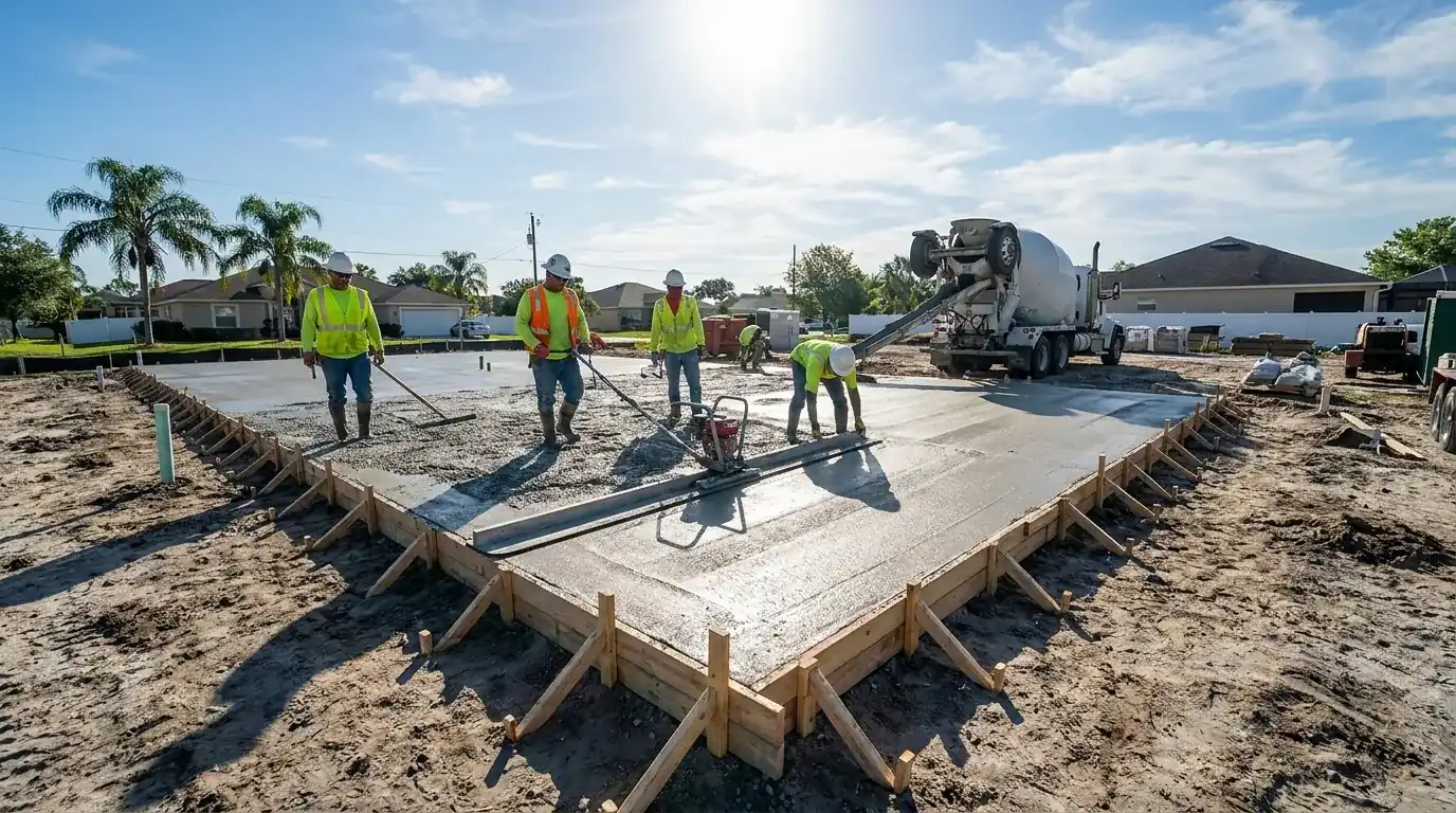 Crew screeding a formed concrete slab while a ready-mix truck waits behind them