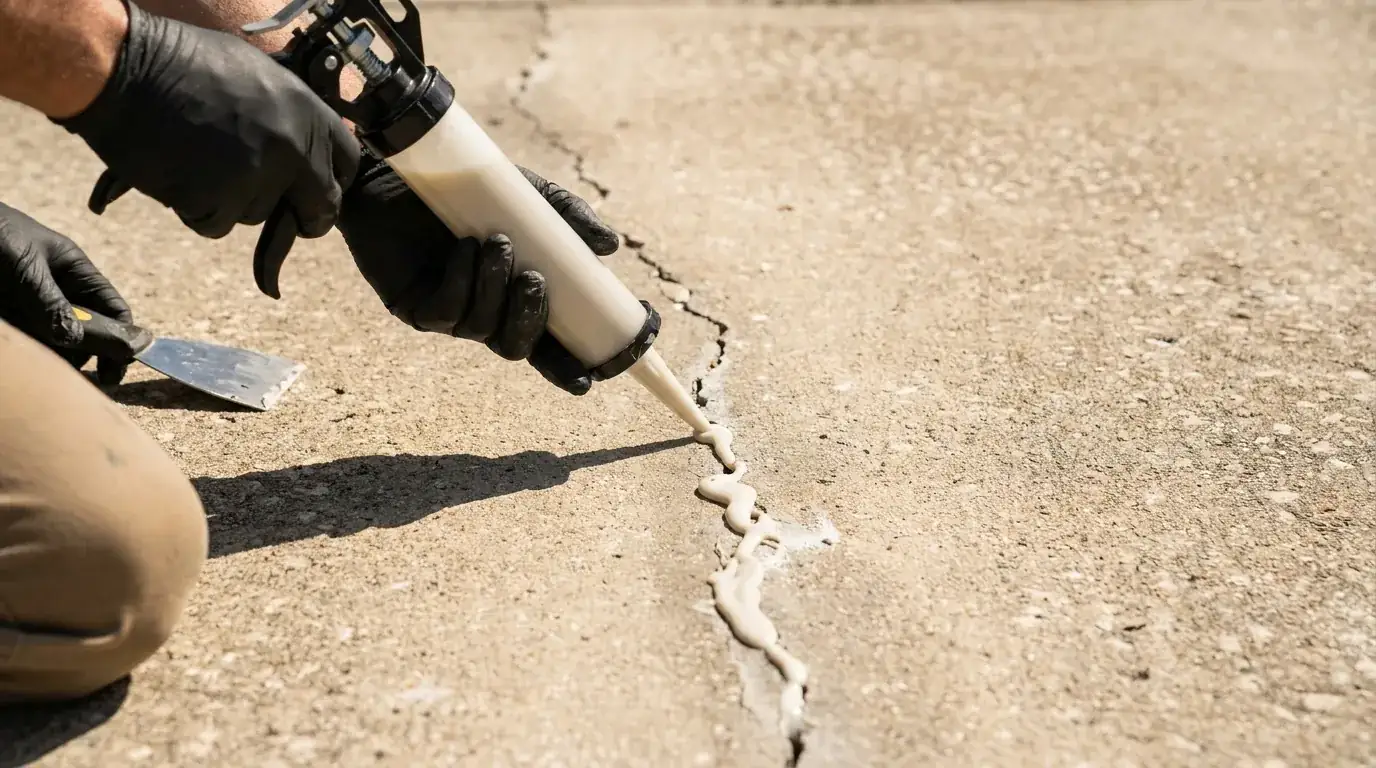 Gloved hands sealing a crack in a concrete driveway with a caulk gun