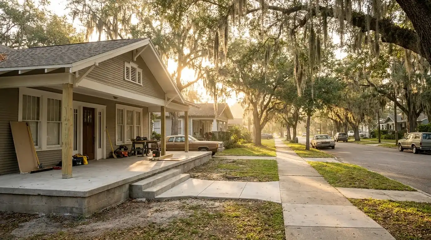 Porch slab, steps and front walk at an older bungalow on an oak-lined street