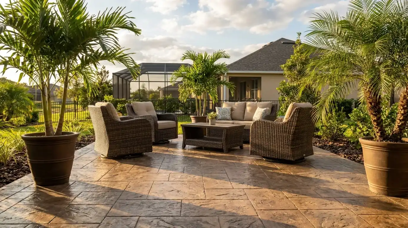 Stamped concrete backyard patio with outdoor furniture and potted palms