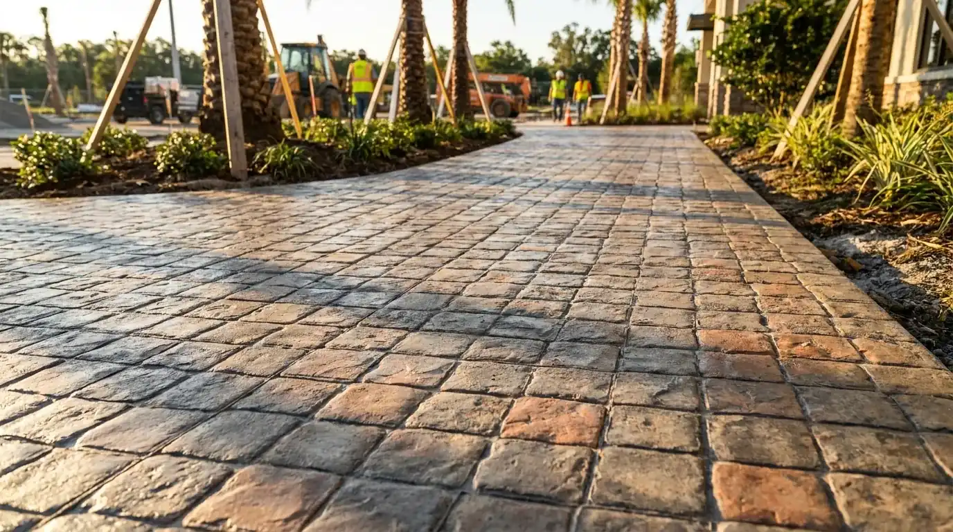 Stamped concrete walkway with a tan cobblestone pattern beside a tropical garden