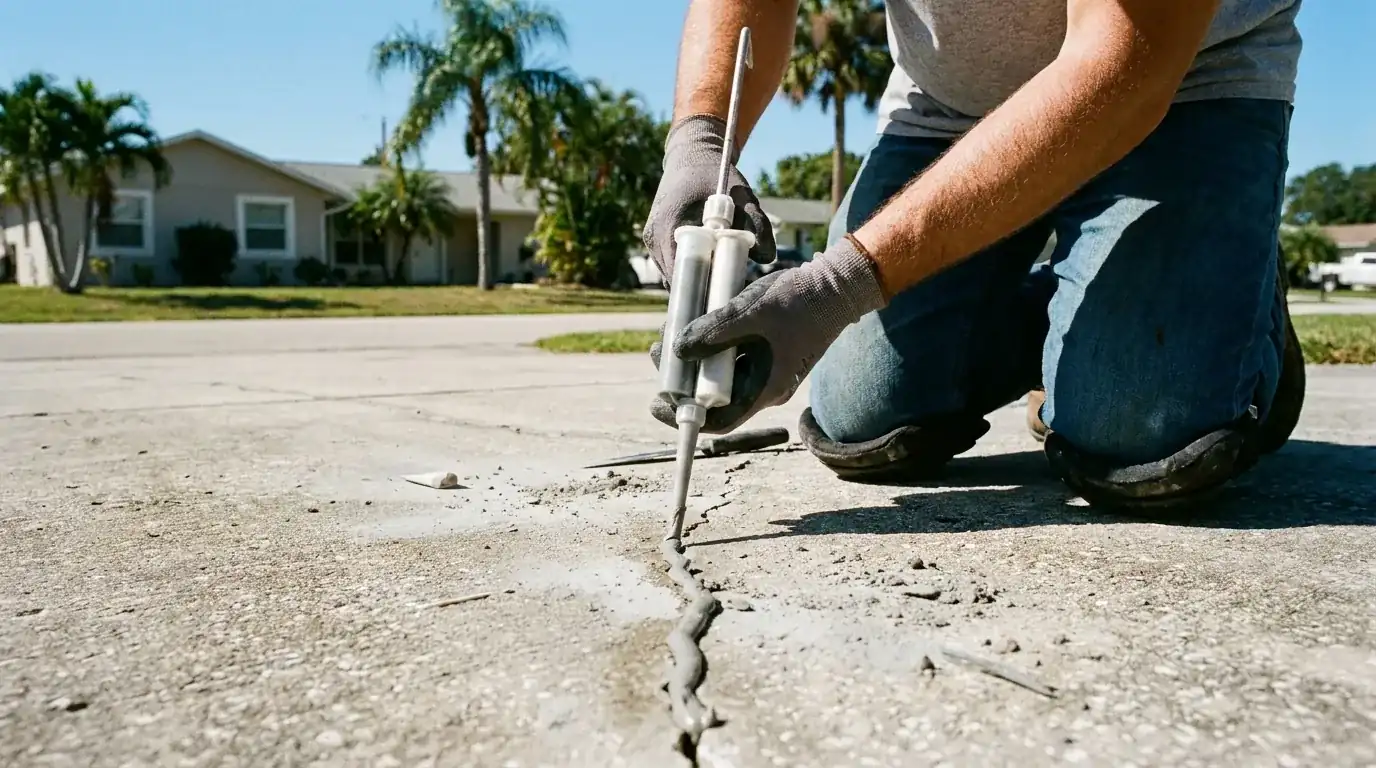 Worker filling a long crack in a residential concrete driveway with a caulk gun